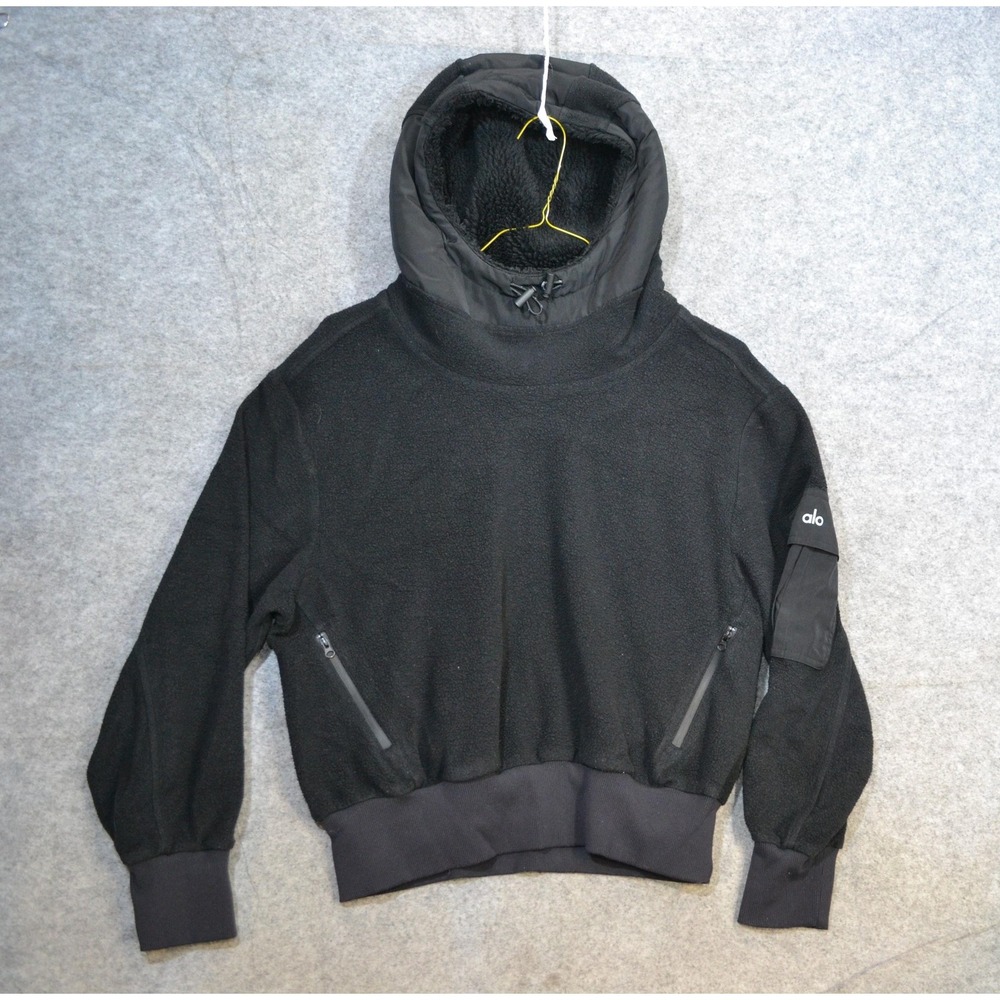 Alo Yoga Hoodie Womens S Black Sherpa Fleece High Neck Hooded Pullover Pockets